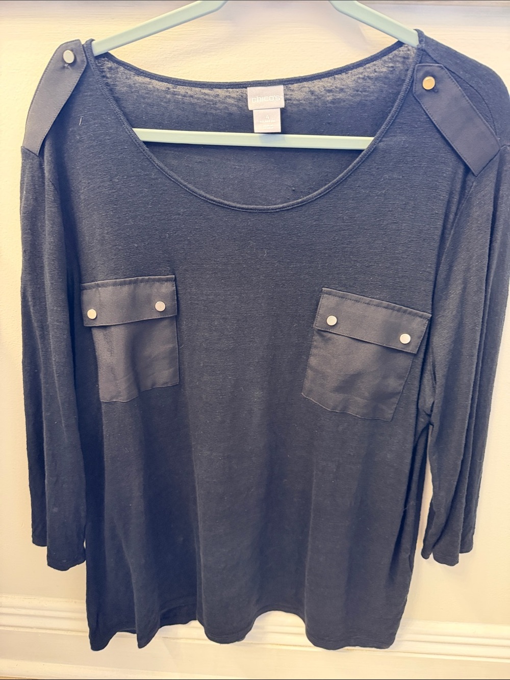 Chico's Black 3/4 Sleeve Tunic with Snap Pocket Accents